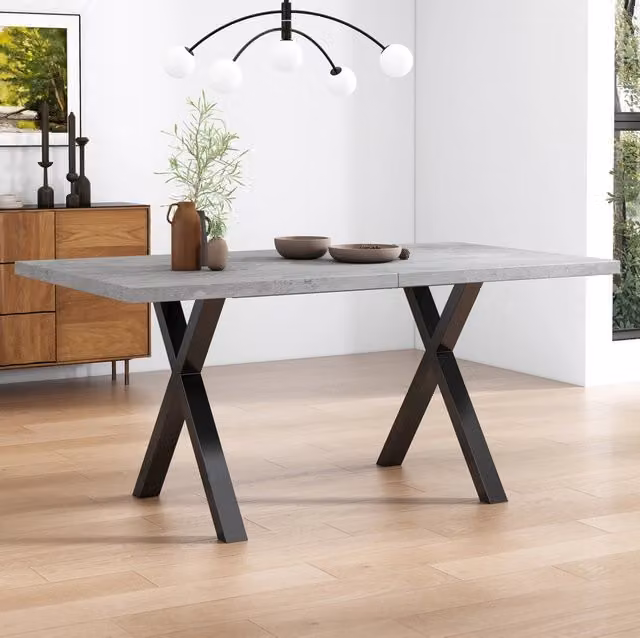 Tavolo moderno MODFU rettangolare con gambe a X in metallo e piano in MDF laminato effetto cemento grigio e nero