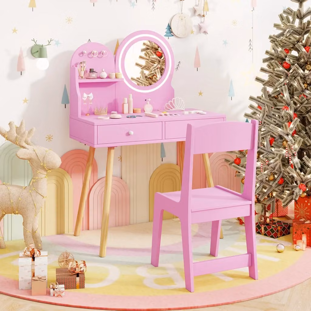 Set da trucco per bambini Design Mania con specchio LED, tavolo e sedia da principessa rosa con ripiano aperto – 2