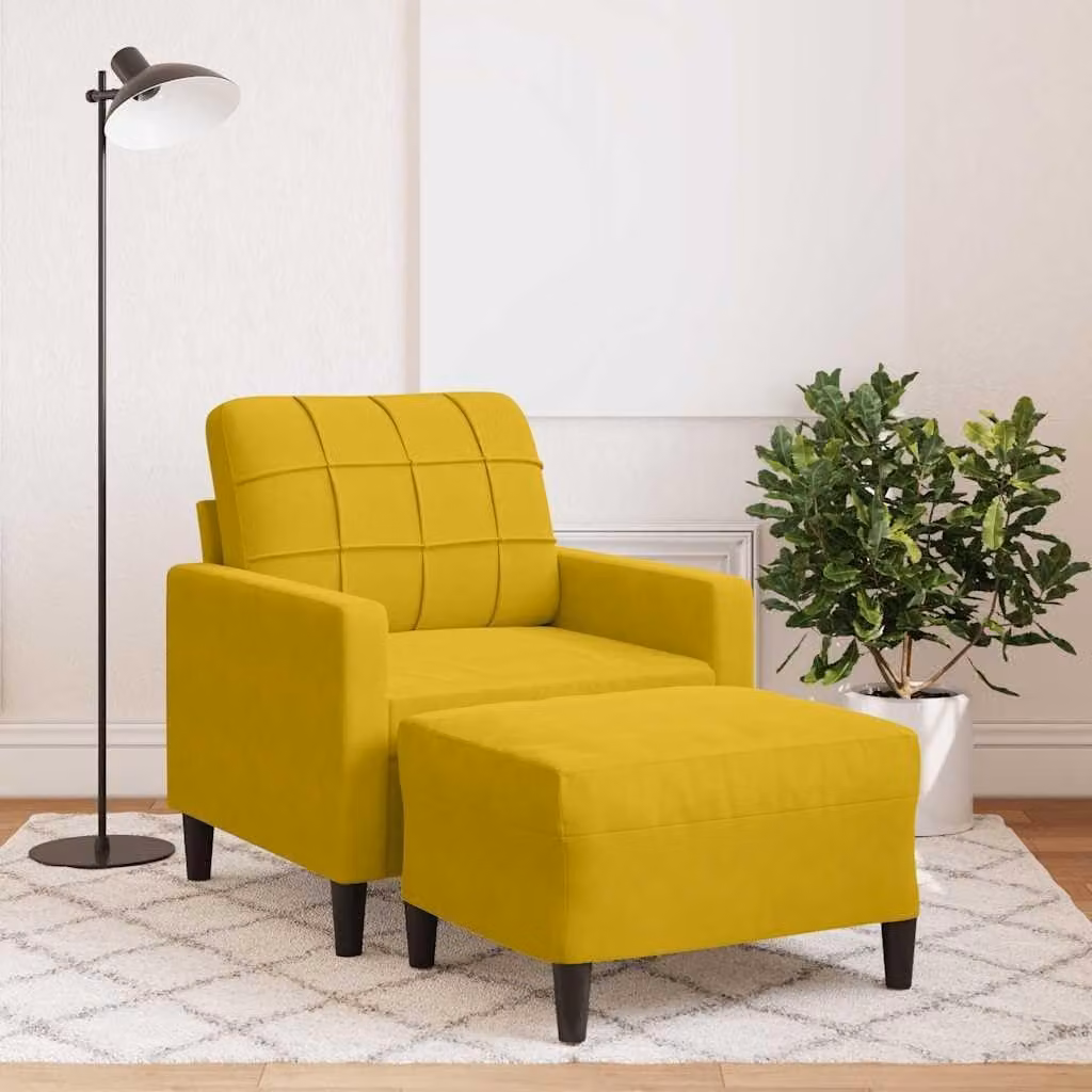 Poltrona gialla con poggiapiedi, altezza 60 cm, in velluto
