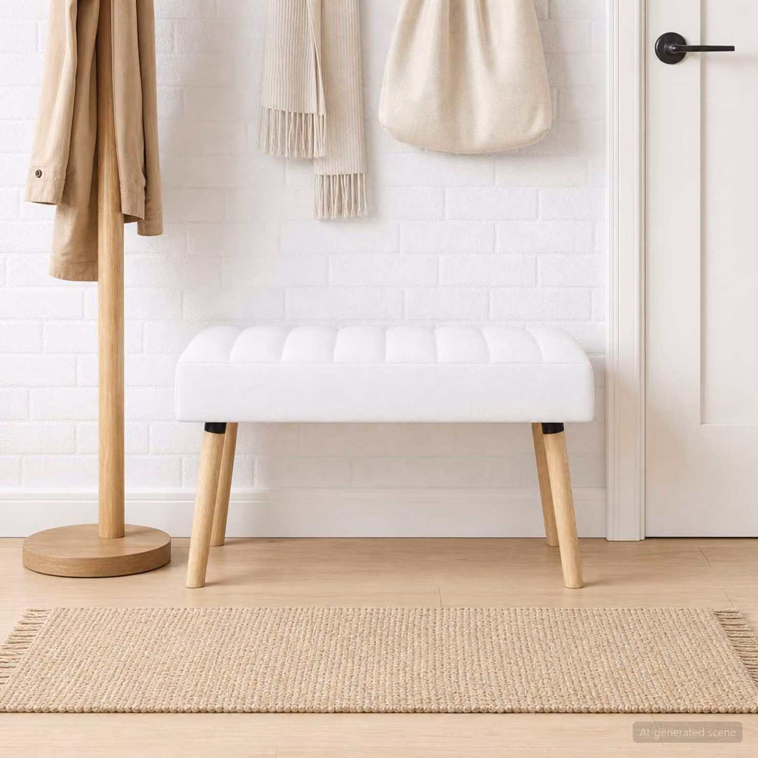 Panchina trapuntata a canale vidaXL in tessuto bianco con struttura in legno di gomma L 80 cm, P 40 cm, H 46 cm