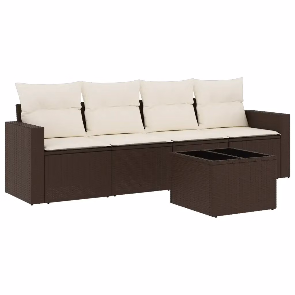 vidaXL Set Divano da Giardino 5 pz Moderno con Cuscini Marroni e Bianchi in Polyrattan e Acciaio – 2