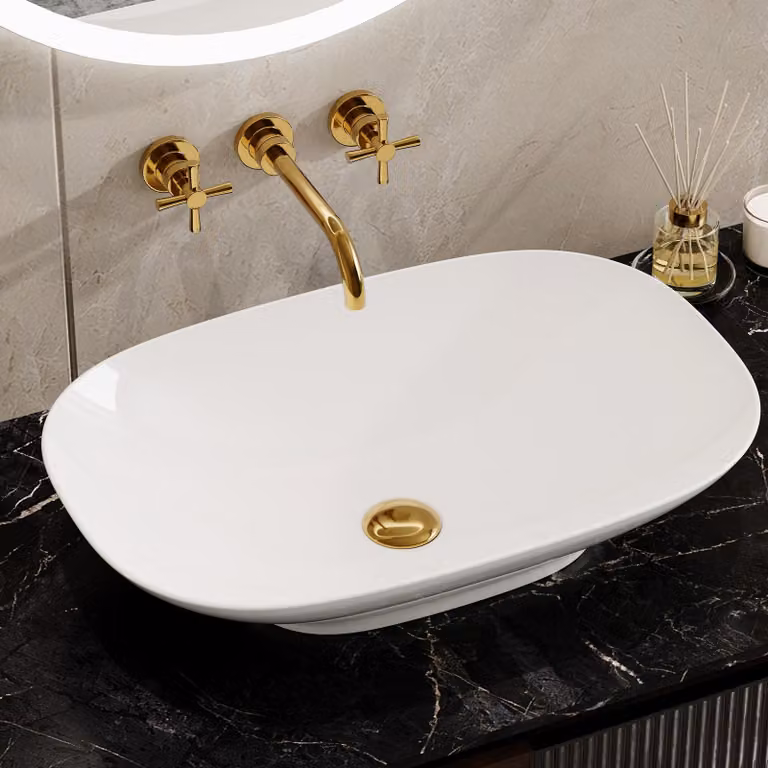HOROW 60 x 40 cm lavabo da appoggio in Vetroceramica Ovale, bordo sottile 5 mm, lavabo moderno bianco per bagno WC ospiti