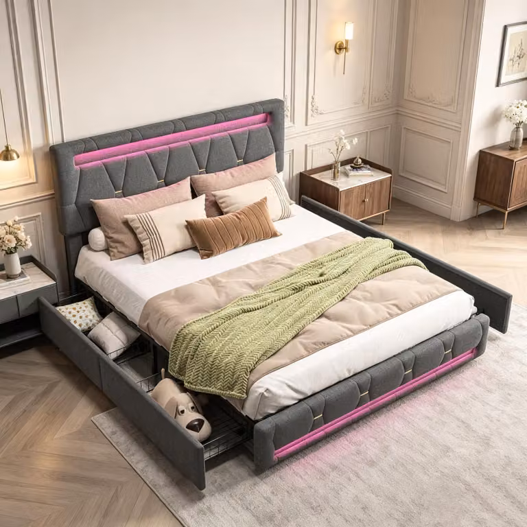 Letto imbottito INONEFT, 140x200 cm, con 4 cassetti, poggiatesta regolabile in altezza, letto matrimoniale con LED e rete a doghe, letto multifunzionale con contenitore, rivestito in lino