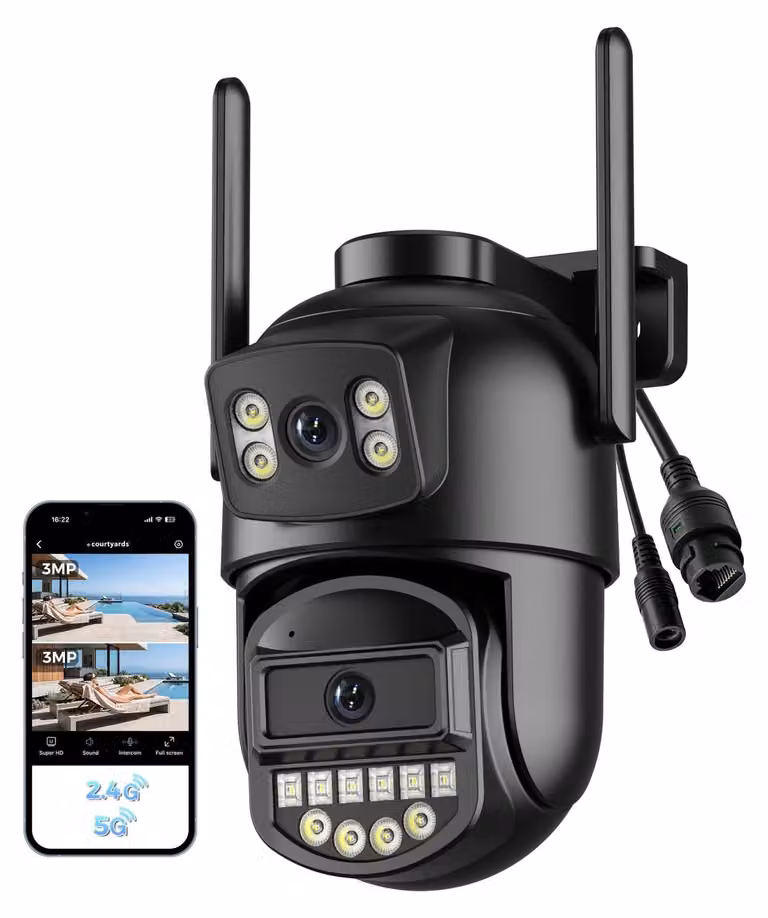 Telecamera di sorveglianza esterna - Doppio obiettivo - 2,5K - WiFi 2,4/5 GHz - 360° PTZ - IP66