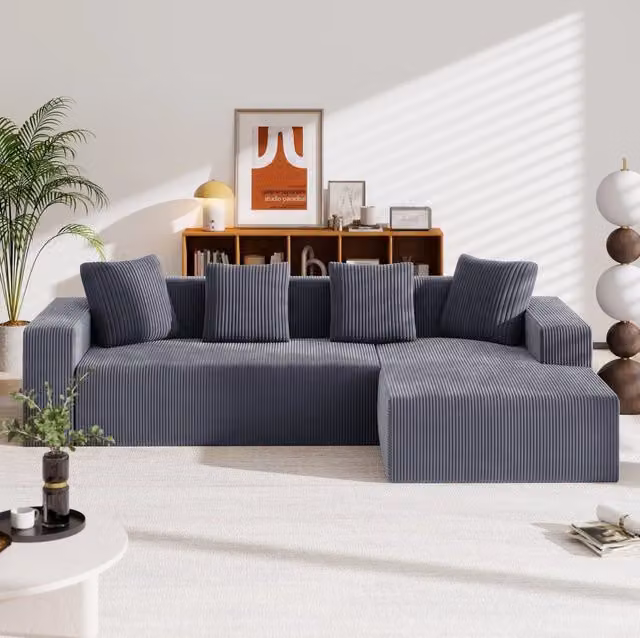 Divano modulare 261x146x65 cm con chaise longue; seduta profonda; velluto a coste grigio