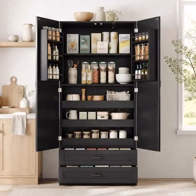 Armadio alto in MDF con 3 ripiani estraibili, 2 cassetti e ante doppie per cucina, sala da pranzo e soggiorno 180x80x37,5 cm