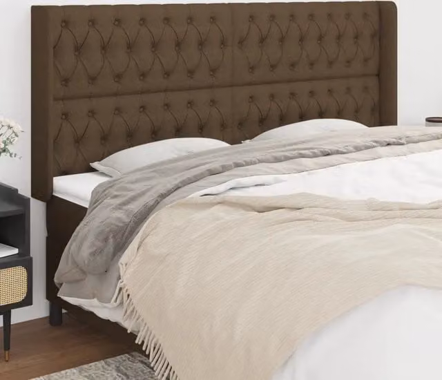 Testiera ad orecchio vidaXL in tessuto marrone scuro con struttura in legno di larice L: 203 cm, P: 16 cm, H: 118/128 cm
