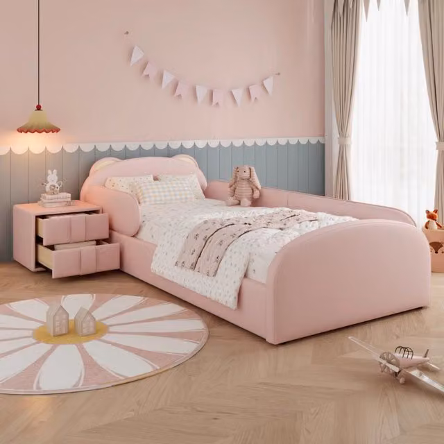 Letto per bambini Singularity con testiera a forma di orso e comodini, bordi imbottiti antiurto in similpelle rosa, L/P/H: 212 x 90 x 143,5 cm