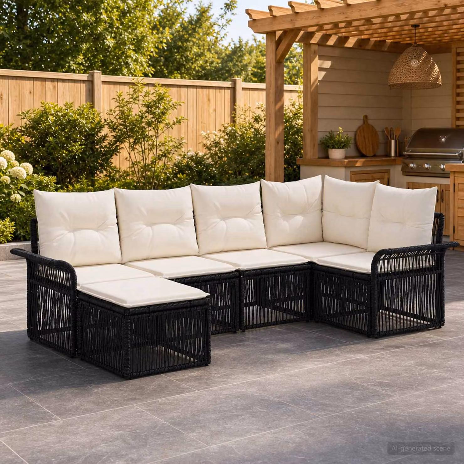 Set Divano da Giardino vidaXL a Forma di L in Polyrattan Nero con Cuscini e Ottoman