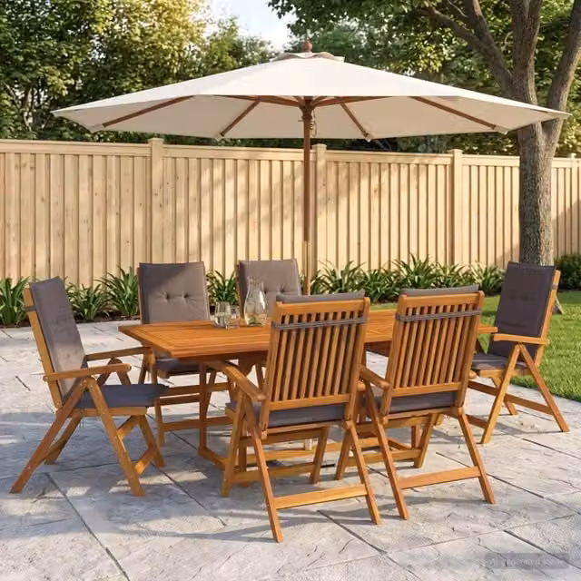Set da pranzo da esterno vidaXL in legno di acacia ed eucalipto con ombrellone, 8 pezzi per 6 persone, colore antracite e multicolore