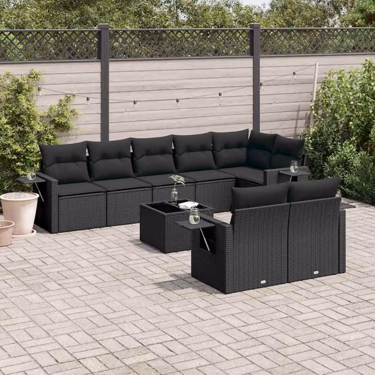 vidaXL Set Divani da Giardino 9 pz a Forma a L con Cuscini Nero in Polyrattan e Tavolino da Esterno