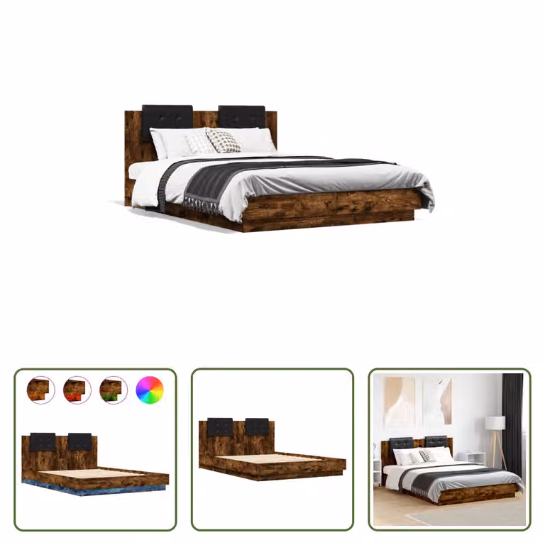 The Living Store Struttura letto con testiera e luci LED rovere fumé 150x200 cm
