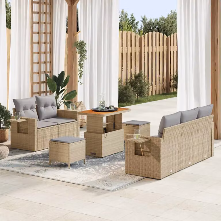 Set Divano da Giardino vidaXL 10 Pezzi in Polyrattan Beige e Grigio con Cuscini e Tavolino