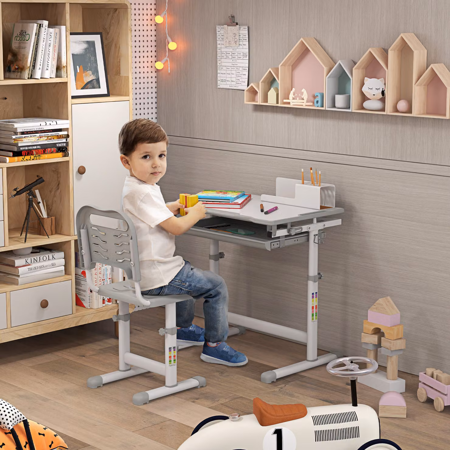 HOMCOM Banco Scuola per Bambini con Sedia, Piano Inclinabile e Altezza Regolabile, Grigio, L/P/H: 66 x 47 x 52-77 cm – 2