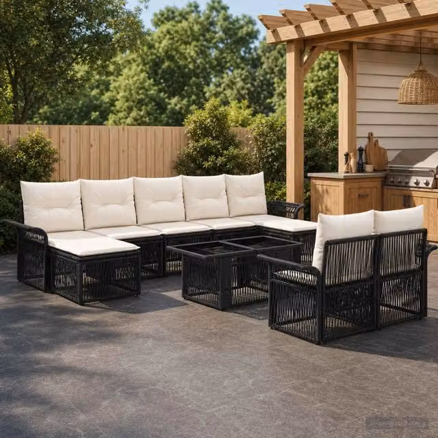 Set Divano da Giardino vidaXL in Polyrattan 10 Pezzi con Cuscini, Tavolino e Pouf, Nero e Bianco Crema