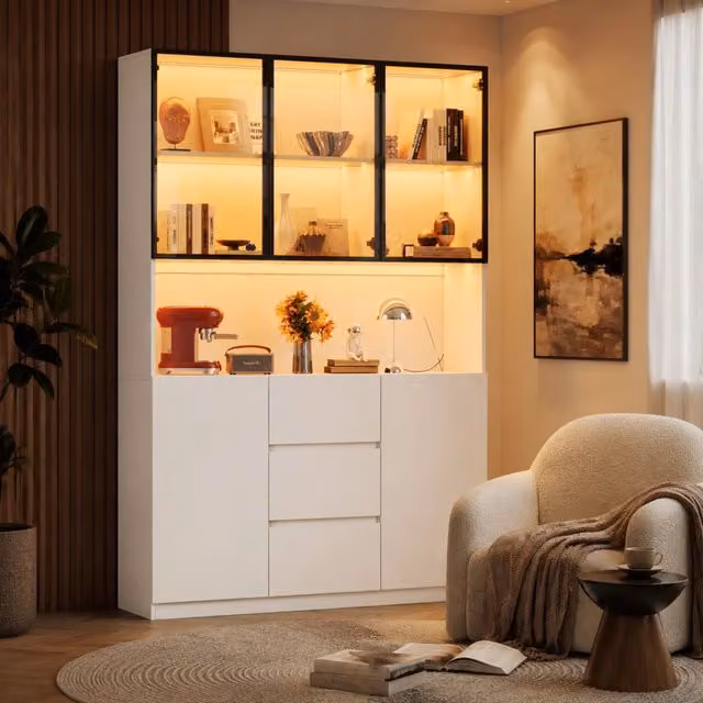 Vetrina in vetro con LED 120x40x200 cm; 3 cassetti; 2 ante; MDF bianco
