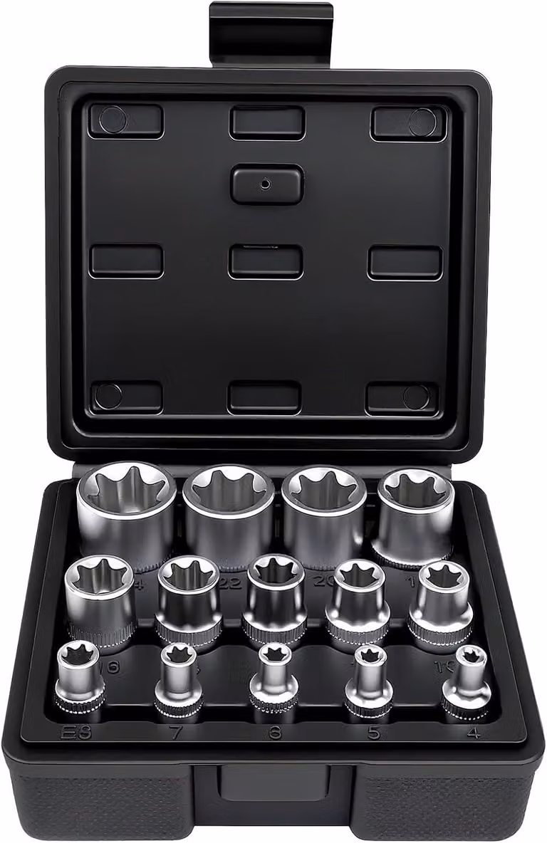 Set di chiavi a bussola E-Torx, 14 bussole Torx esterne E4-E24, dimensioni 1/4, 3/8, 1/2 pollici, per uso in officina