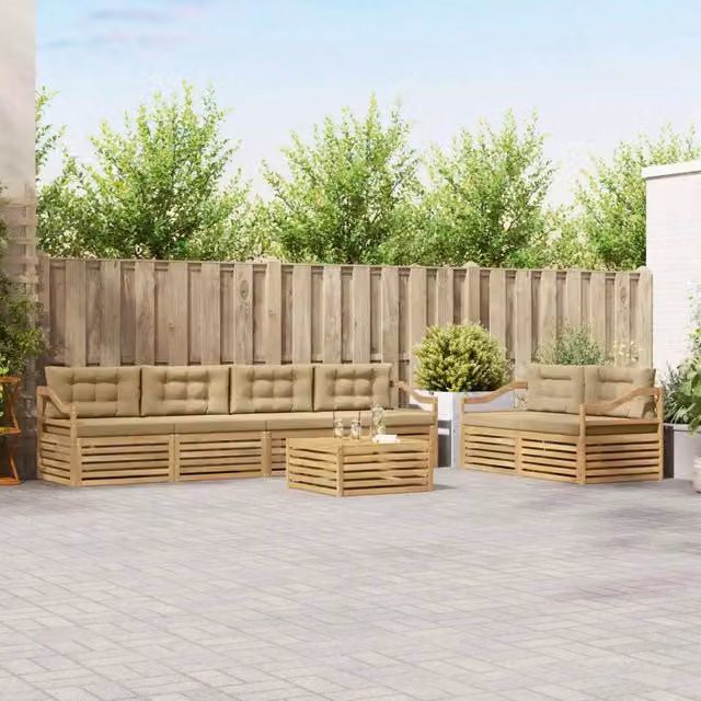 Set di mobili da giardino vidaXL composto da 7 pezzi con divani, poltrone e tavolino da caffè in legno di acacia e tessuto resistente ai raggi UV, colori bianco e beige – 1