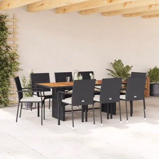 Set da Pranzo da Giardino 9 pz con Cuscini Nero in Polyrattan 3213503