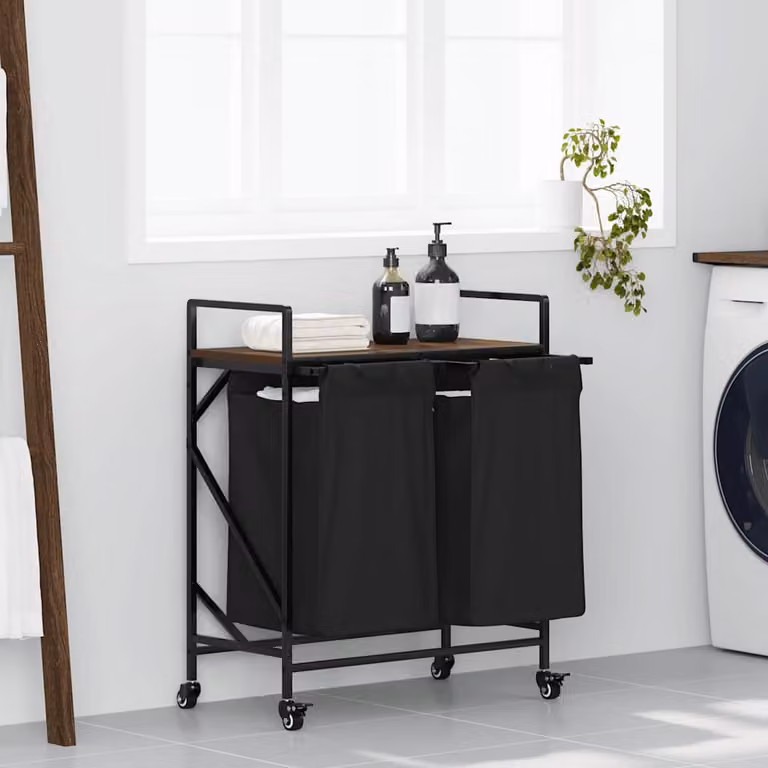vidaXL Cesto Portabiancheria a 2 Scomparti con Ruote, Marrone e Nero, L 82 cm x P 67 cm x H 33 cm