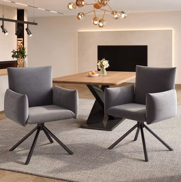 Set di 2 sedie girevoli 360 MODFU in velluto grigio con gambe in metallo per ufficio o zona pranzo