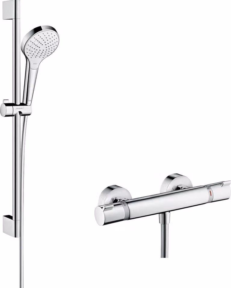 hansgrohe Croma Select S système de douche en surface Vario avec Ecostat Thermostat confort et barre de douche 65 cm, blanc/ chrome, 27013400, 27013400