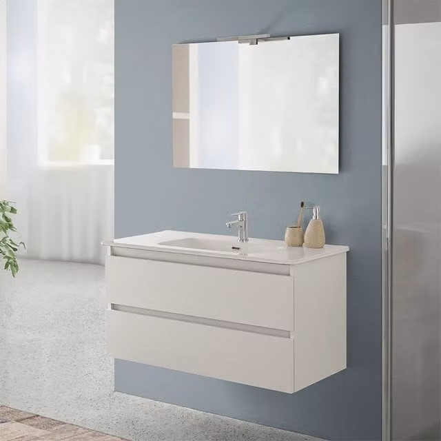 Mobile bagno sospeso INBAGNO Nadia in rovere bianco con lavabo e ante con cassetto, Larghezza: 100 cm