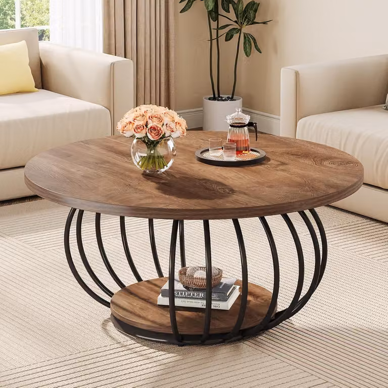 Tavolino rotondo Tribesigns, tavolino industriale in legno da 100 cm a due livelli, con ripiano e struttura in metallo, rustico marrone nero