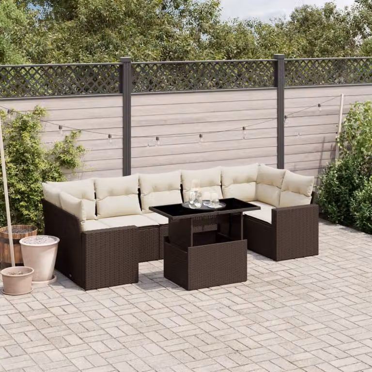 Set di divani da giardino vidaXL in polyrattan marrone con cuscini bianchi e tavolino da esterno 8 pezzi
