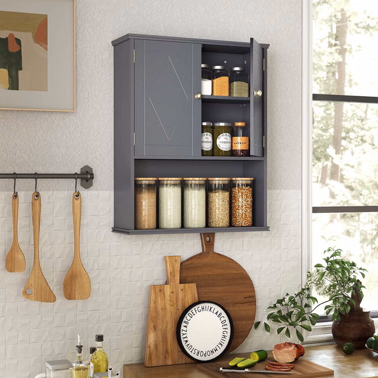 Armadietto da muro Costway per bagno e lavanderia con 2 ante e ripiano aperto regolabile, Grigio