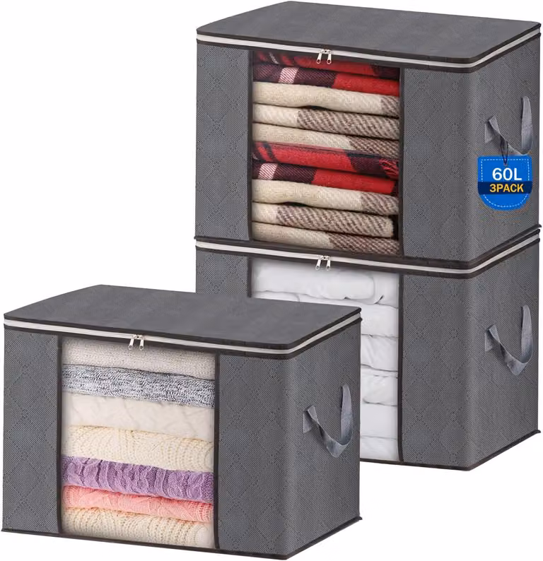 Sacchetti pieghevoli per la conservazione, confezione da 3, capacità 60 litri, dimensioni 55x35x32 cm, ideali per abbigliamento