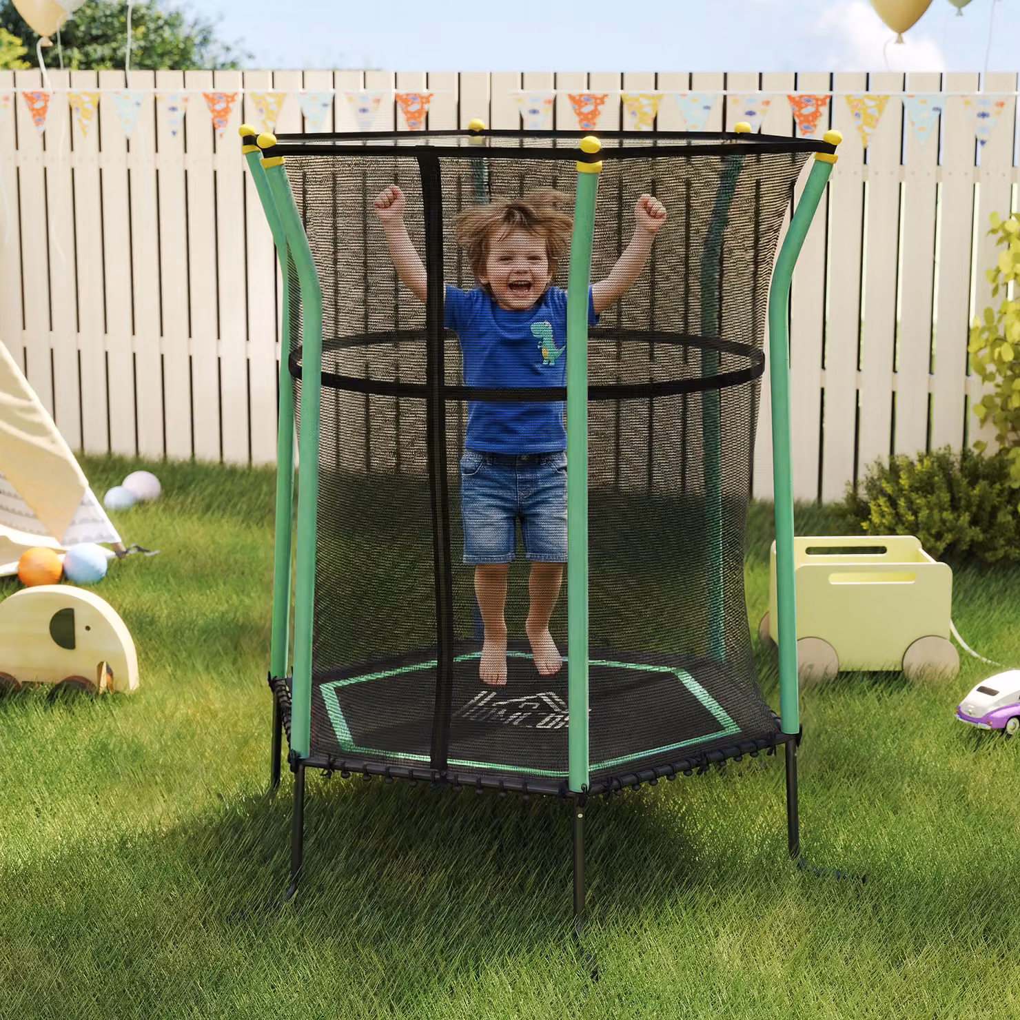 Trampolino Elastico Mini per Bambini HOMCOM con Rete di Sicurezza, Verde, Ø 163,5 cm, H 190 cm – 2