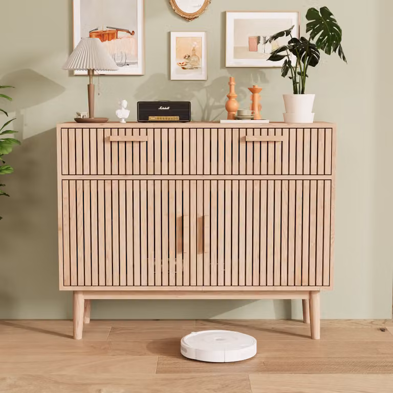 Credenza per sala da pranzo Fortuna Lai con 2 cassetti e 2 armadi - colore legno naturale, L100cm x P35cm x H80cm