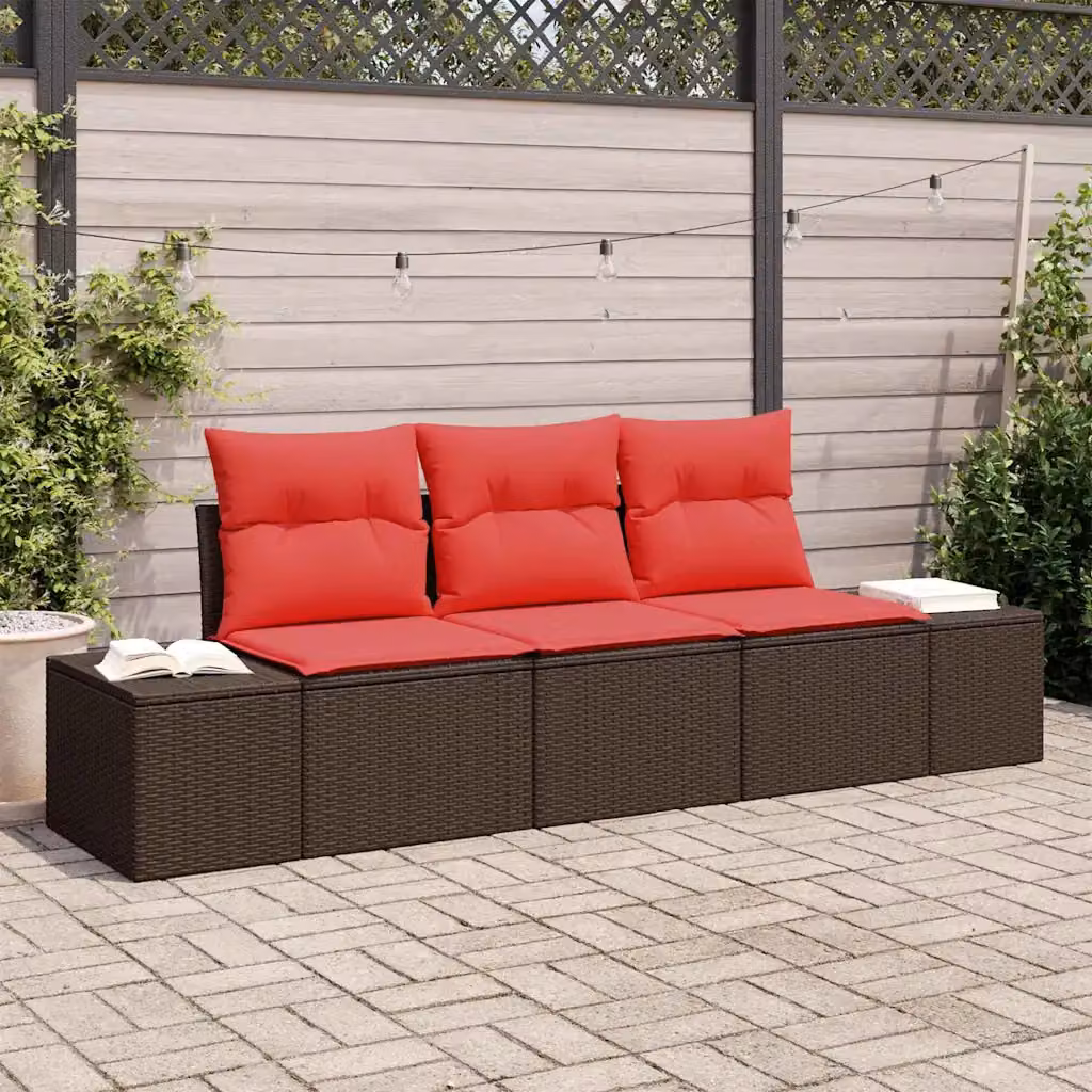 Set Divano da Giardino 3 Posti vidaXL in Polyrattan Marrone e Rosso con Cuscini e Struttura in Acciaio