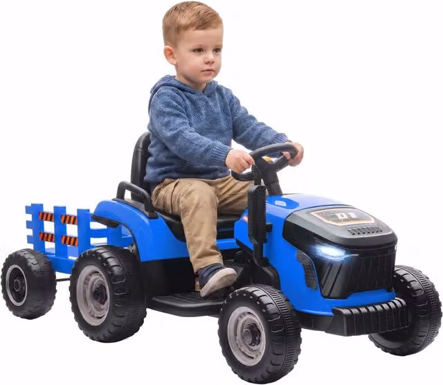 Trattore Elettrico per Bambini 3-8 Anni con Telecomando e Rimorchio Rimovibile Cavalcabile Blu per Giardino