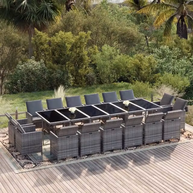 Set da pranzo da giardino vidaXL in polyrattan con tavolo in vetro e cuscini, 17 pezzi, grigio e nero