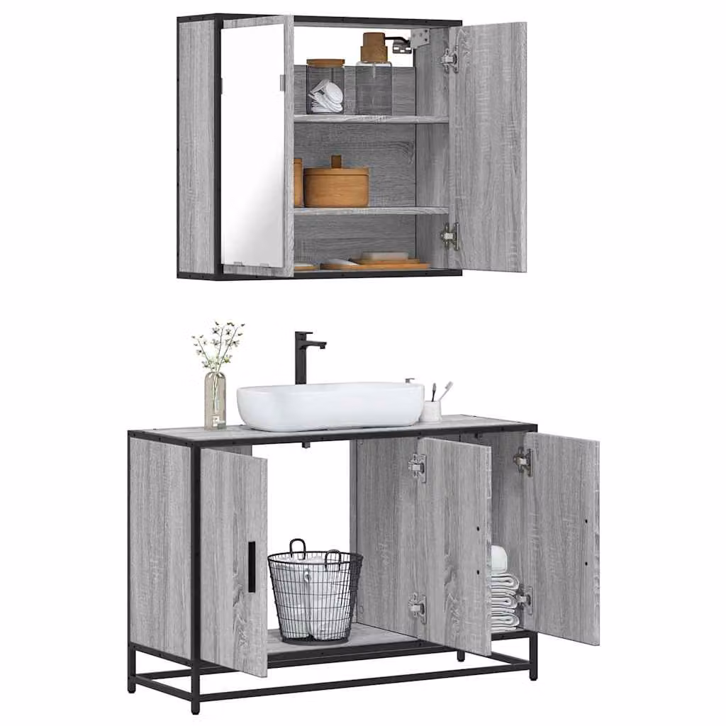 Set Mobili da Bagno Industrial vidaXL in Legno e Metallo Grigio con Mobile Lavabo e Armadietto con Specchio L/P/H: 90 x 33 x 60 cm