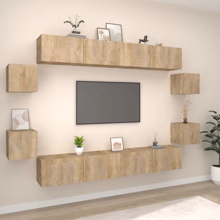 Set di mobili porta TV da 8 pezzi vidaXL in legno MDF color rovere e beige per soggiorno con montaggio a parete