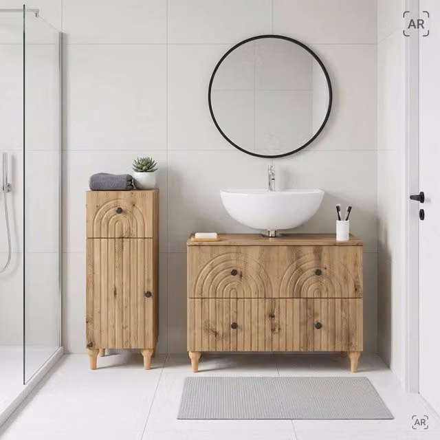 Set di mobili da bagno moderno vidaXL composto da mobile lavabo e mobile contenitore in legno color rovere marrone L/P/H: 82 x 34,33 x 59 cm e 41 x 76,7 x 10 x 59 cm
