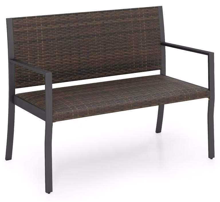 COSTWAY, panchina da giardino resistente alle intemperie, 110x55x84 cm, panchina da balcone per 2 persone, portata fino a 360 kg, panca in rattan sintetico con seduta imbottita in schiuma, panca da terrazzo color marrone