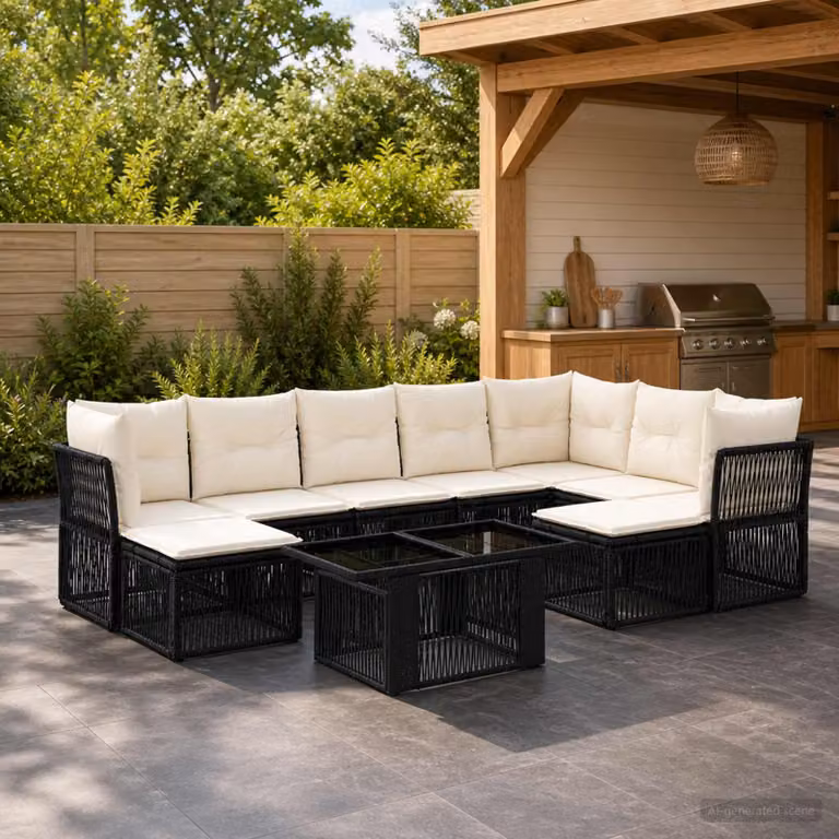 Set Divano da Giardino vidaXL 10 Pezzi in Polyrattan Nero con Cuscini e Tavolino