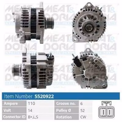 MEAT & DORIA 5520922 Alternatore LiMa 110 A 14 V per NISSAN Qashqai / Qashqai +2 I (J10, NJ10) X-TRAIL (T30) X-TRAIL (T31) PRIMERA (P12)