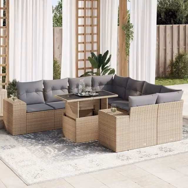 Set Divano da Giardino a L vidaXL in Polyrattan con Cuscini Beige e Tavolino da Esterno 9 pz – 1