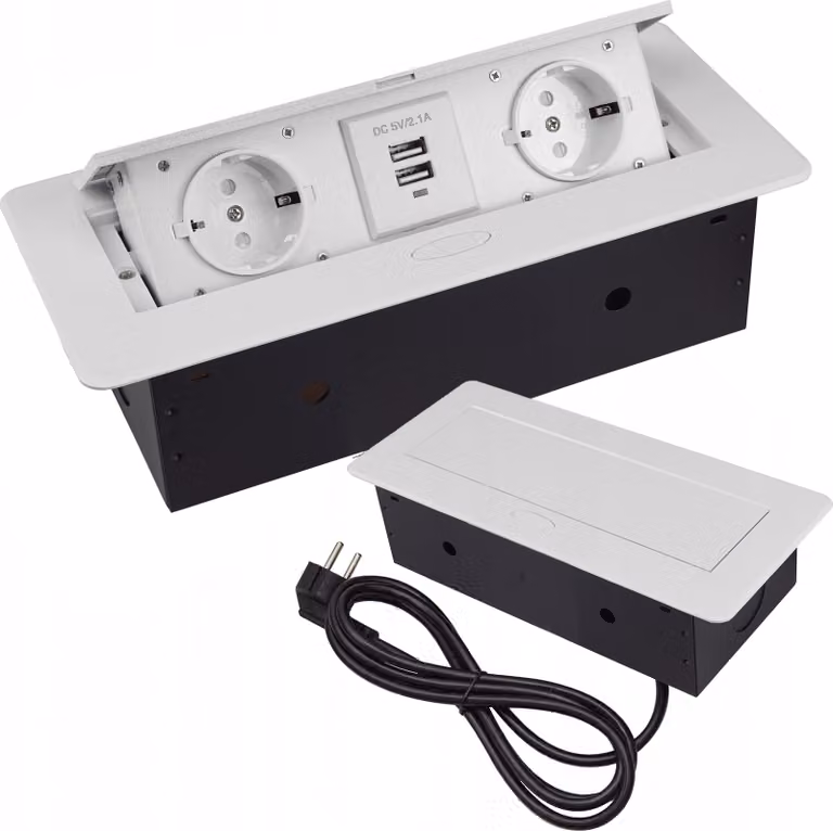 Prese da incasso, presa da tavolo, presa da cucina, presa a muro, doppia presa da 230V Schuko con due moduli USB, colore bianco