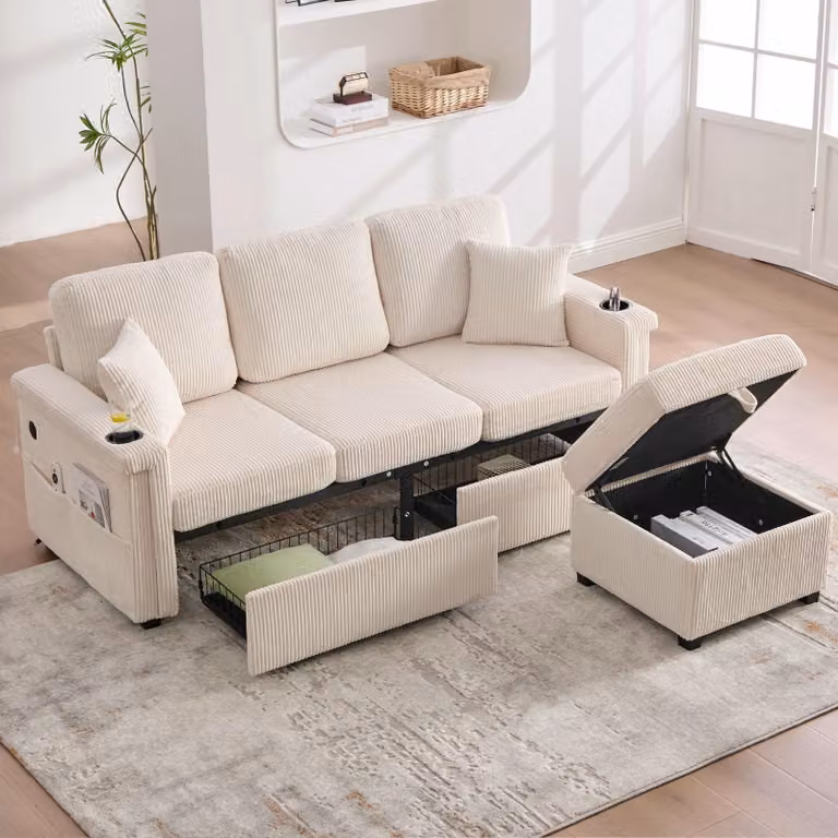 LVHOM Divano angolare modulare con LED e USB, divano a 3 posti con pouf e cassetti, divano imbottito in tessuto a coste, beige