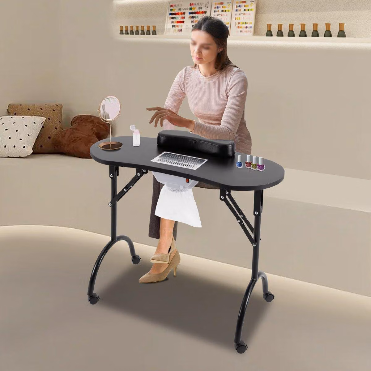 Tavolo per manicure nero - 5,5 W - 90x40x72,5 cm - Mobile per salone di bellezza in MDF per la cura delle unghie, con ruote