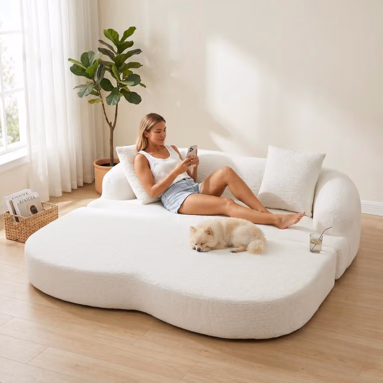 Divano letto LVHOM a 2 posti in ciniglia, divano pieghevole con funzione letto, letto pieghevole per ospiti per soggiorno in stile Japandi, beige