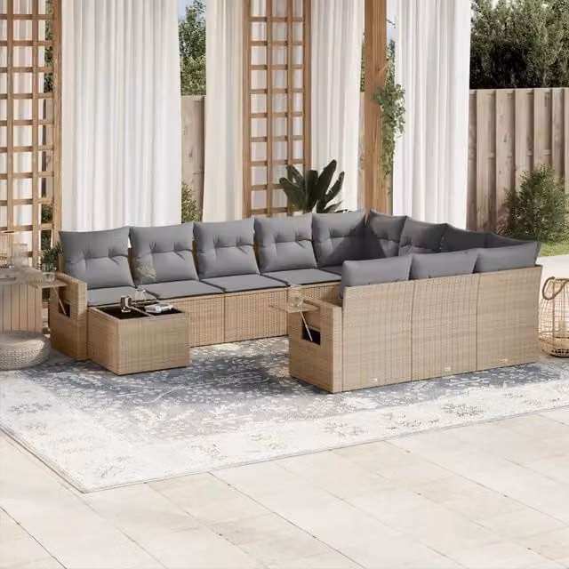 vidaXL Set Divani da Giardino 11 pz con Cuscini Beige e Tavolino in Polyrattan e Metallo
