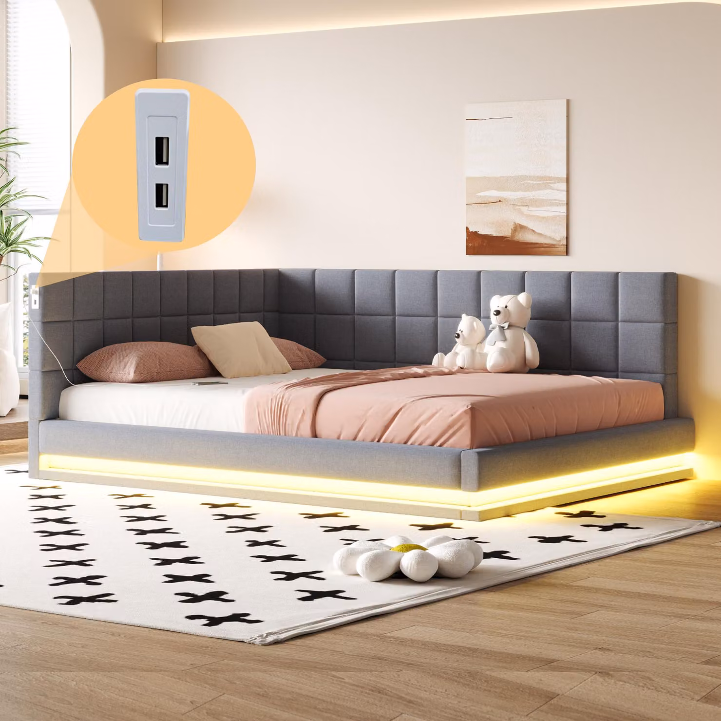 Letto imbottito Flieks 160x200cm con USB e LED, divano letto con rete a doghe, letto matrimoniale letto per ragazzi letto per ospiti letto funzionale, lino, grigio