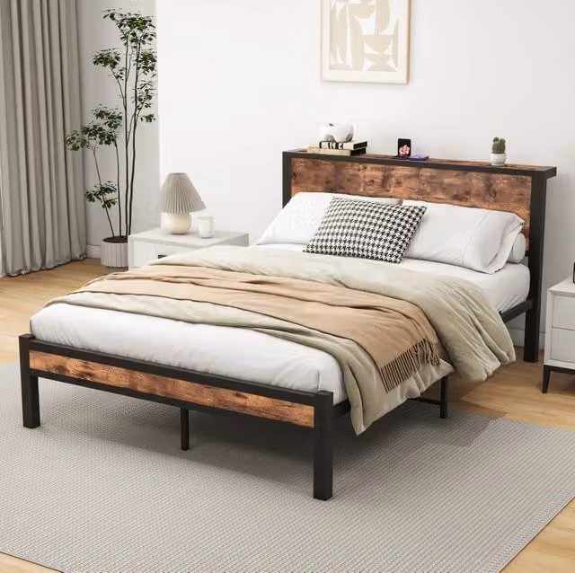 Letto singolo in MDF e metallo con testiera contenitore, 140 x 200 cm, stile moderno color marrone antico
